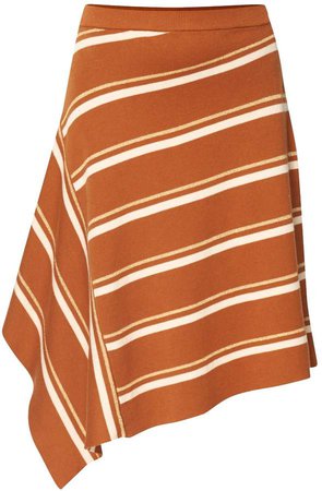 PAISIE - Striped Asymmetric Skirt with Side Drape in Brown Gold & White