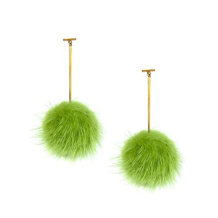 Green Mink Pom Pom T Bar Earrings - Tuleste