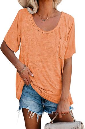 Womens Tunic T Shirts Short Sleeve Round Neck Soft Loose Shirts Summer Casual Tops with Pocket Orange at Amazon Women’s Clothing store