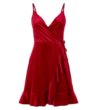 Red Velvet Frill Wrap Dress | New Look