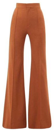 High Rise Wool Blend Flared Trousers - Womens - Brown