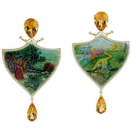 Enamel Hand Painted Mother of Pearl Citrine Diamond 18 Karat Gold Earrings For Sale at 1stDibs