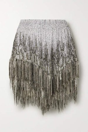 Zulina Fringed Embellished Metallic Silk-blend Mini Skirt - Silver