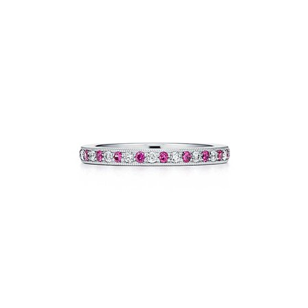 Tiffany Legacy™ band ring in platinum with diamonds and rubies, 2 mm wide. | Tiffany & Co.