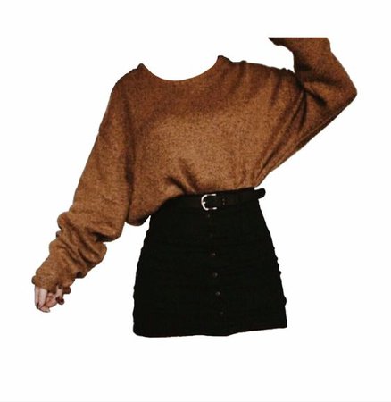 Brown Sweater & Black Denim Skirt (png)
