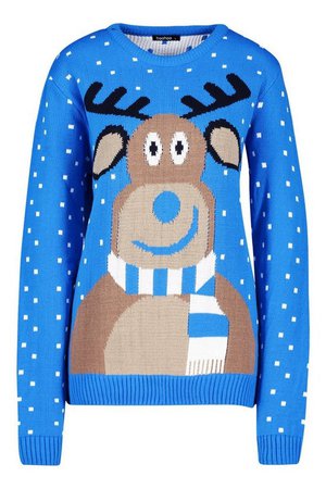 Reindeer Scarf Christmas Jumper | Boohoo blue