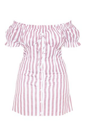 Plus Pink Striped Bardot Button Front Shift Dress | PrettyLittleThing