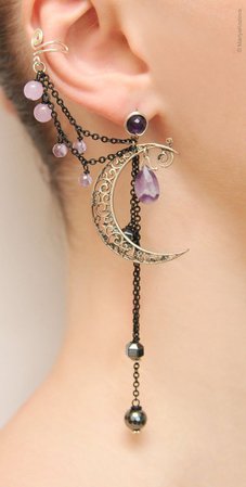 Silver Purple Lilac Night Ear Cuff with Fairy Amethyst Stars and Scroll Moon/ curl open work Moon/ ohr fake faux piercing/ ohrklemme ohrclip