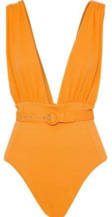 Belted Ruched Stretch-pique Swimsuit