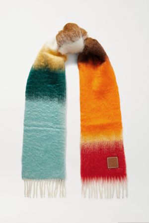 Orange Leather-trimmed fringed striped mohair-blend scarf | Loewe | NET-A-PORTER