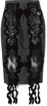 Denica Velvet-trimmed Sequined Satin And Lace Midi Skirt - Black