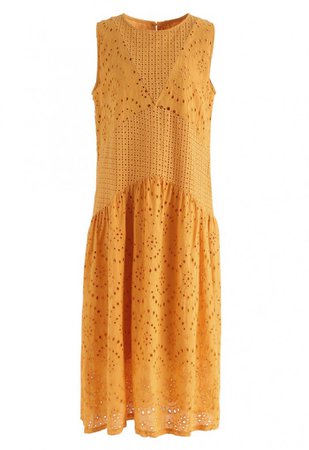 Mustard Perforated Embroidered Sleeveless Dress - NEW ARRIVALS - Retro, Indie and Unique Fashion