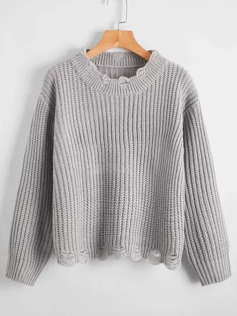 grey Drop Shoulder Distressed Sweater | SHEIN USA