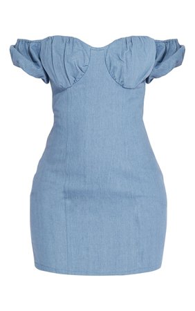 Light Blue Wash Bardot Ruched Sleeve Denim Dress | PrettyLittleThing USA