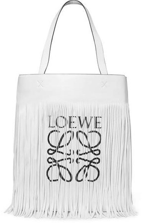 Fringed Printed Leather Tote - White