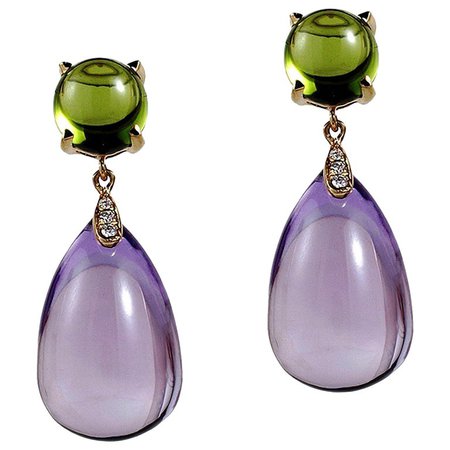 Amethyst Drop and Peridot Cabochon with Diamonds Earrings