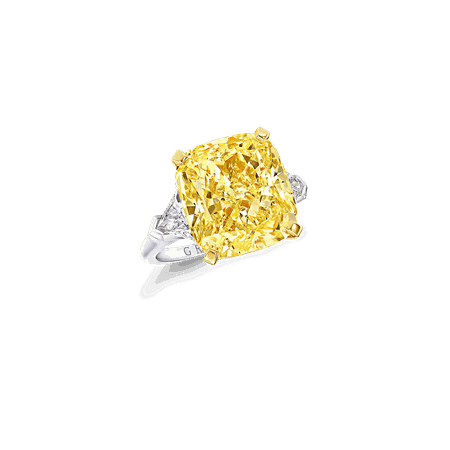 Cushion Cut Yellow and White Diamond Ring, 13.02 ct Fancy Intense Yellow Cushion Cut Diamond
