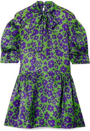 Pussy-bow Silk-jacquard Mini Dress - Green