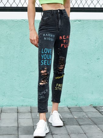 black ripped graffiti skinny jeans