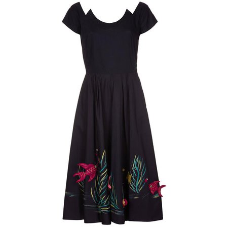 1950s Marjorie Montgomery Black Cotton Novelty 3D Hand Painted Fish Print Dress For Sale at 1stdibs
