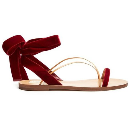 Valentino Velvet Flat Sandals - Red