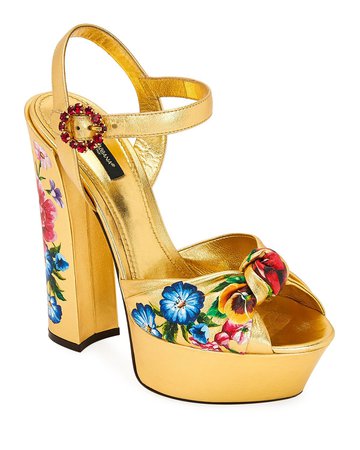 Dolce & Gabbana Floral-Print Metallic Leather Platform Sandals