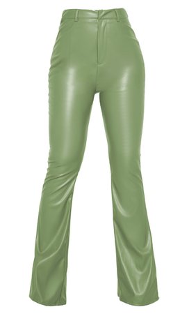 Khaki Pu Flared Trousers | Trousers | PrettyLittleThing USA