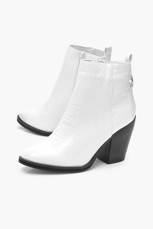 Croc Block Heel Pointed Toe Western Boots | Boohoo