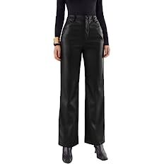 MakeMeChic Women's PU High Waist Faux Leather Straight Leg Pants with Pockets Tall Black L at Amazon Women’s Clothing store
