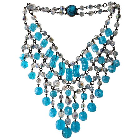 1960s Aqua Poured Glass Bead Waterfall Bib Necklace For Sale at 1stDibs