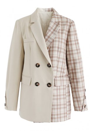 Plaid Spliced Double-Breasted Blazer in Sand - NEW ARRIVALS - Retro, Indie and Unique Fashion