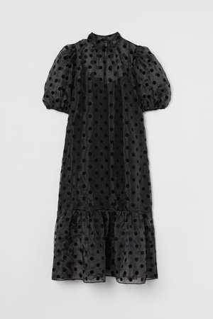 Puff-sleeved organza dress - Black/Spotted - Ladies | H&M GB