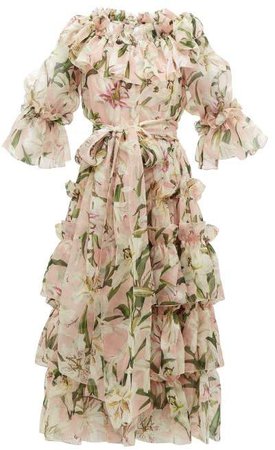 Lily Print Ruffled Silk Organza Midi Dress - Womens - Pink Multi