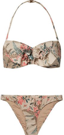 Bayou Ruffled Floral-print Bandeau Bikini - Beige