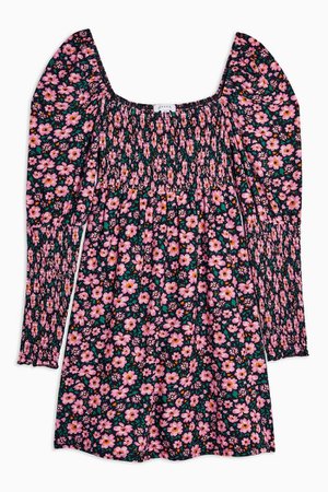 Floral Print Shirred Long Sleeve Mini Dress | Topshop
