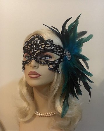 Masked Ball Mask with Feathers Masquerade Lace Mask Teal Black | couturedesignsbyicegreeneyes on ArtFire
