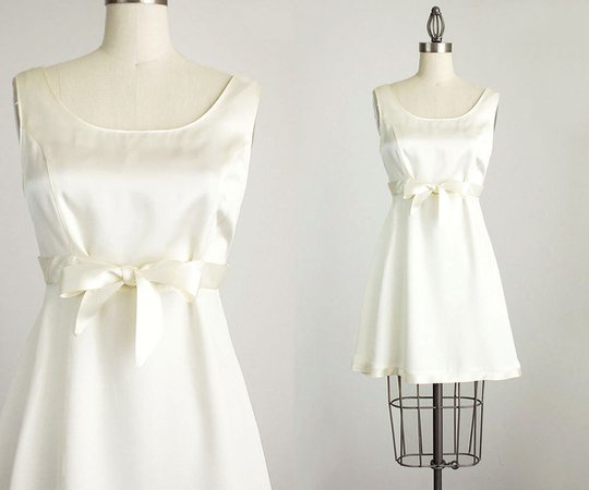 90s Vintage White Satin Bow Tie Mini Dress / Size Small / Medium
