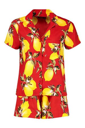 Lemon Print Button Through Short Pajamas | Boohoo