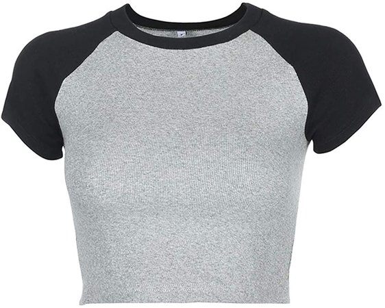 Lancifolium Women’s Basic Round Neck Short Sleeve Crop Top Raglan Sleeve Ribbed Cropped T-Shirt Color Block Crop Tee Shirt (L, Black Grey) at Amazon Women’s Clothing store
