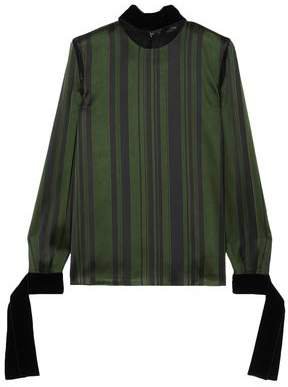 Lace And Velvet-trimmed Striped Satin Blouse