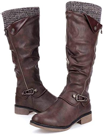 Amazon.com | gracosy Leather Knee Boots, Women's Knee High Boot Flat Heel Zipper Buckle Riding Boots | Knee-High
