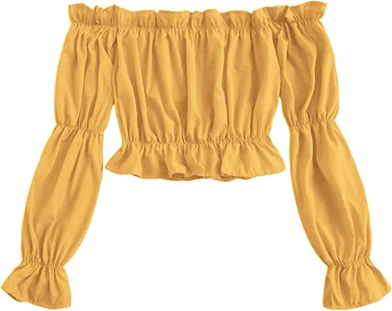 LYANER Women's Off Shoulder Ruffle Trim Puff Long Sleeve Tube Crop Blouse Shirt Top at Amazon Women’s Clothing store