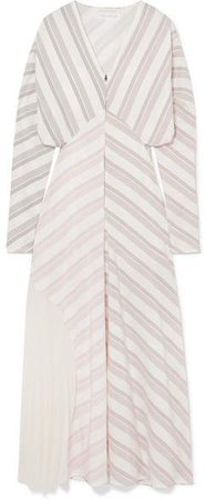 Paneled Striped Silk And Chiffon Dress - White