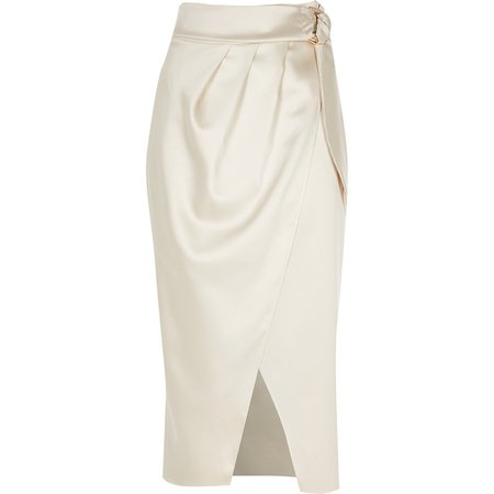 Cream buckle waist satin wrap midi skirt | River Island