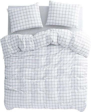 Wake In Cloud - Grid Comforter Set, White with Black Grid Geometric Preppy Modern Pattern Printed, Soft Microfiber Bedding (3pcs, Twin Size) : Home & Kitchen