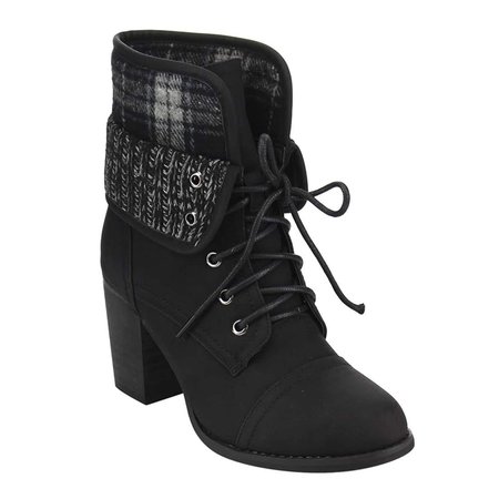 4everfunky Black Plaid Sweater Cuff Fold-down Lace-up Ankle Booties Vegan Leather Women's