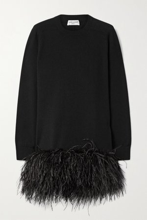 Black Feather-trimmed cashmere mini dress | SAINT LAURENT | NET-A-PORTER