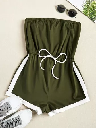 Knot Front Contrast Binding Tube Romper | SHEIN USA green