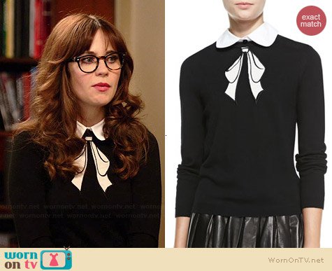 WornOnTV: Jess’s black bow printed sweater on New Girl | Zooey Deschanel | Clothes and Wardrobe from TV