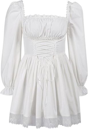 Leyajedol Women Fairy Flowy Ruffle Mini Dress Puff Short Sleeve Pleated A Line Short Dress Low Cut Ruched Flare Dress at Amazon Women’s Clothing store